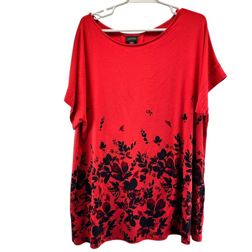 J. Jill Wearever Collection Short Sleeve Shirt Red Black Floral Tunic 2X